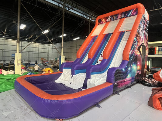Glissade Gonflable Double Piste de Qualité Commerciale avec Piscine, Thème Néon/TikTok Tendance, Glissade Sèche/Humide pour Locations de Fêtes et Événements Système de Jeu pour Enfants