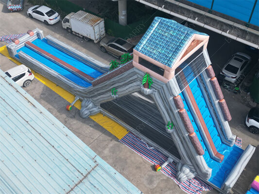Glissière d'eau gonflable géante de qualité commerciale, double voie à thème tropical, glissière humide / sèche pour les parcs d'attractions et les festivals