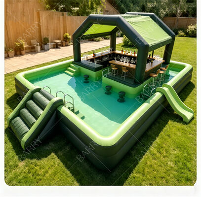 Bar de piscine flottant gonflable haut de gamme avec toboggan et auvent – ​​Station de fête aquatique ultime dans le jardin