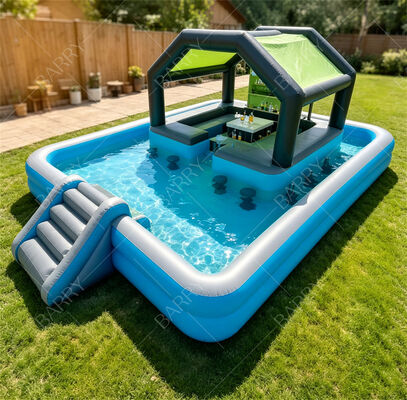 Bar de piscine flottant gonflable haut de gamme avec toboggan et auvent – ​​Station de fête aquatique ultime dans le jardin