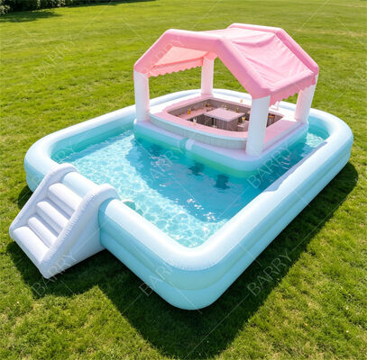 Bar de piscine flottant gonflable haut de gamme avec toboggan et auvent – ​​Station de fête aquatique ultime dans le jardin