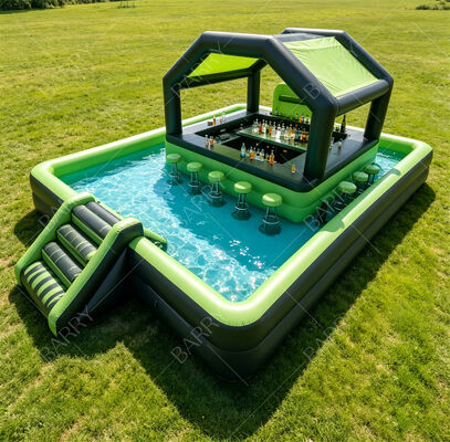 Bar de piscine flottant gonflable haut de gamme avec toboggan et auvent – ​​Station de fête aquatique ultime dans le jardin