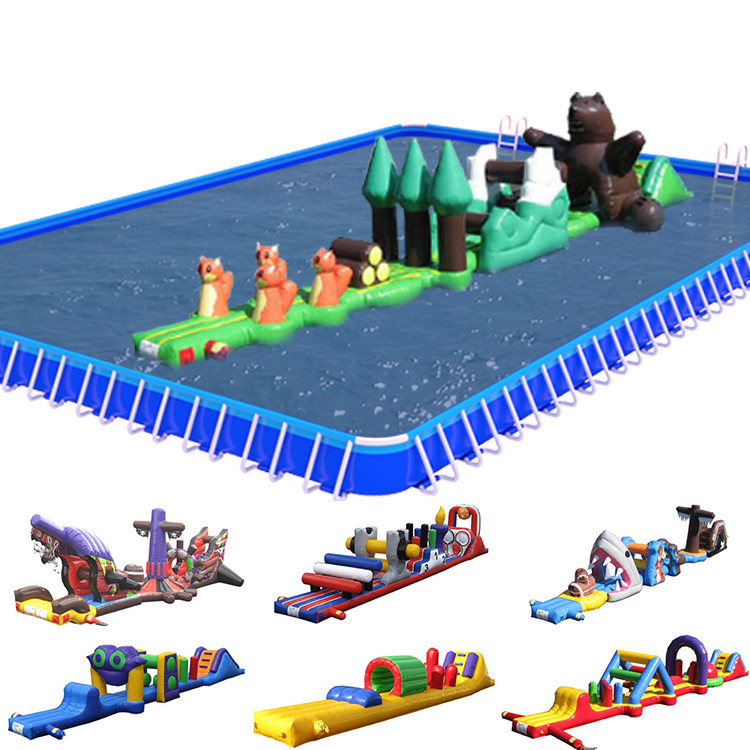 Cours d'obstacles gonflables en PVC sur l'eau en piste unique Aqua Run avec toboggan pour enfants et adultes