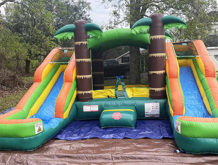 Double glissière tropical maison de saut pour enfants
