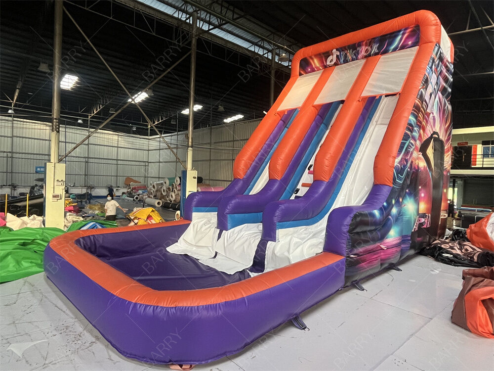 Glissade Gonflable Double Piste de Qualité Commerciale avec Piscine, Thème Néon/TikTok Tendance, Glissade Sèche/Humide pour Locations de Fêtes et Événements Système de Jeu pour Enfants