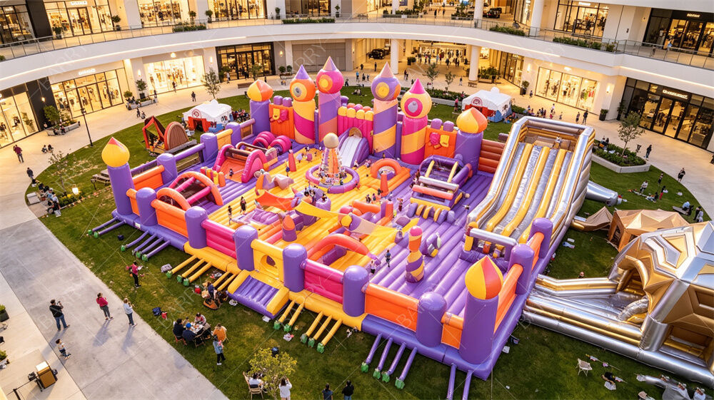 Ville d'amusement gonflable de château violet magique | Parcours de rebond et d'obstacles tout-en-un avec toboggan géant | PVC commercial pour les lieux à fort trafic et les locations de fêtes